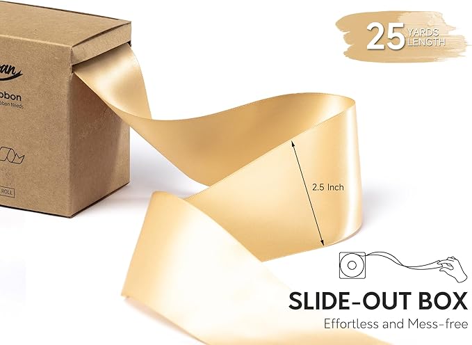Champagne Satin Ribbon 2.5 Inch Double-Faced Polyester Ribbons 25 Yards - Image 2