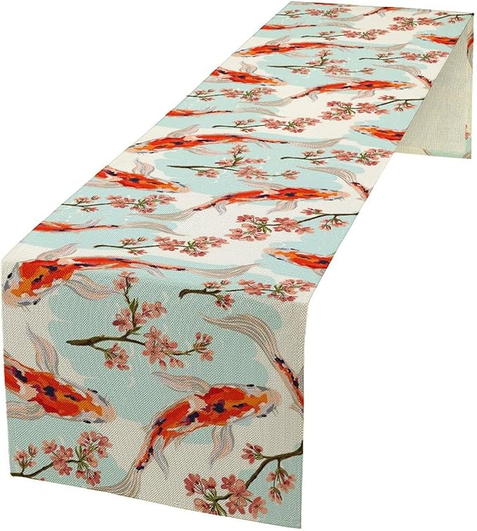Japanese Kio Fish Table Runner Cherry Flower Art Printed Burlap Runner Home by YSWOW
