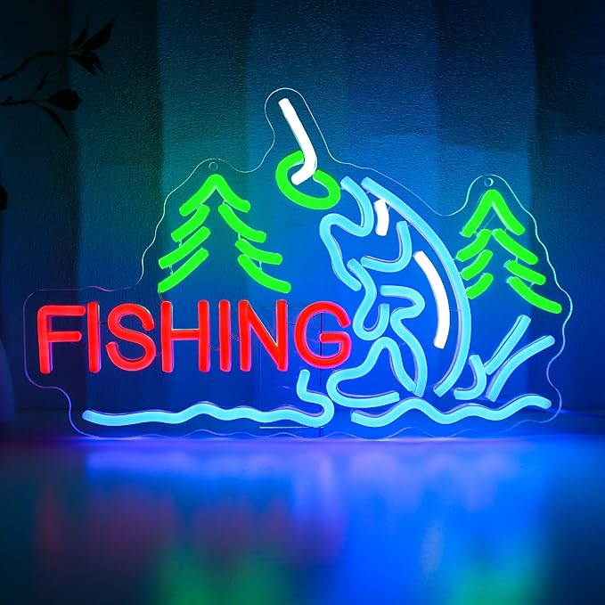 Fishing Neon Sign for Wall Decor, Fish Led Signs for Room, USB Dimmable Neon by PMCVYH