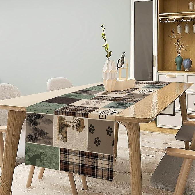Bear Deer Table Runner, Rustic Lodge Retro Country Farmhouse Buffalo Plaid - Image 5