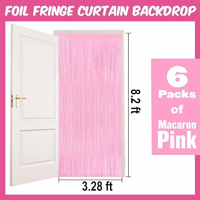 6 Pack Macaron Pink Foil Fringe Curtains Backdrop, 3.28 x 8.2 Ft Metallic - Image 2