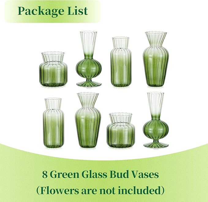 Hewory Small Ribbed Glass Bud Vases Set of 8 Green Flower Vase Centerpieces - Image 7