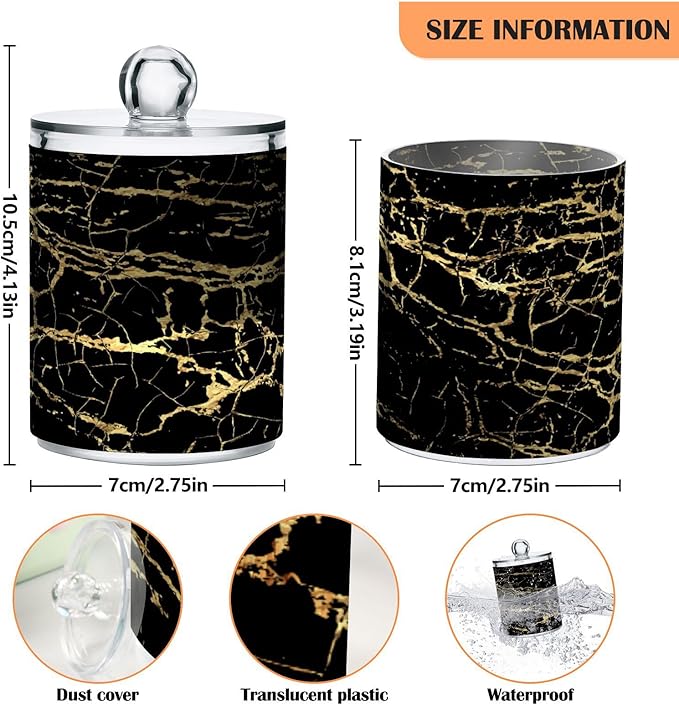 Qtip Holder Dispenser 2 Pack Gold Black Marbling Bathroom Decorative Storage - Image 3