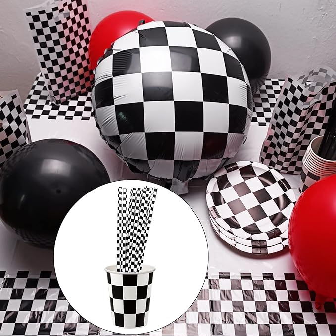 50 Pcs Checkered Flag Paper Straws Racing Car Straws Black and White Checkered - Image 3