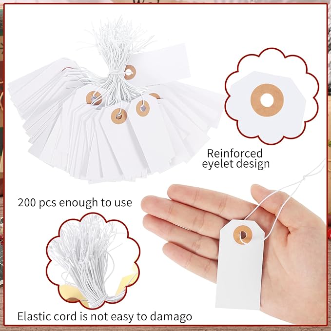 200 Pack White Blank Tags with Elastic String Marking Hang Tags Attached - Image 3