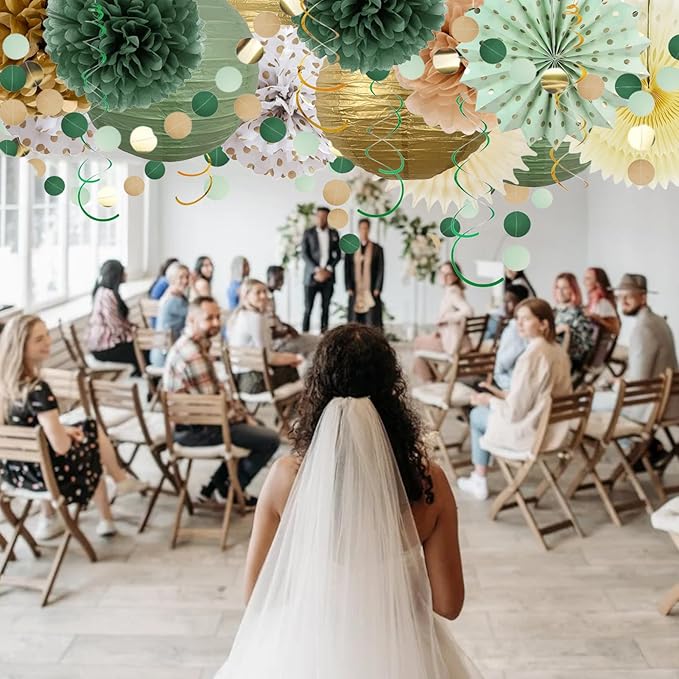 23PCS Sage Green Party Decoration, Pom Poms Flowers, Hanging Party Garland - Image 2