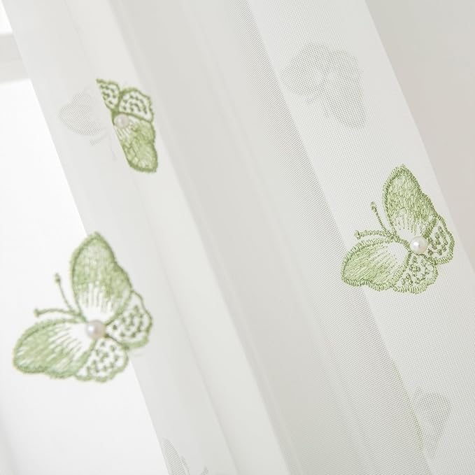 VISIONTEX White Sheer Voile Curtains, Decorative Green Embossed Butterflies Rod - Image 3