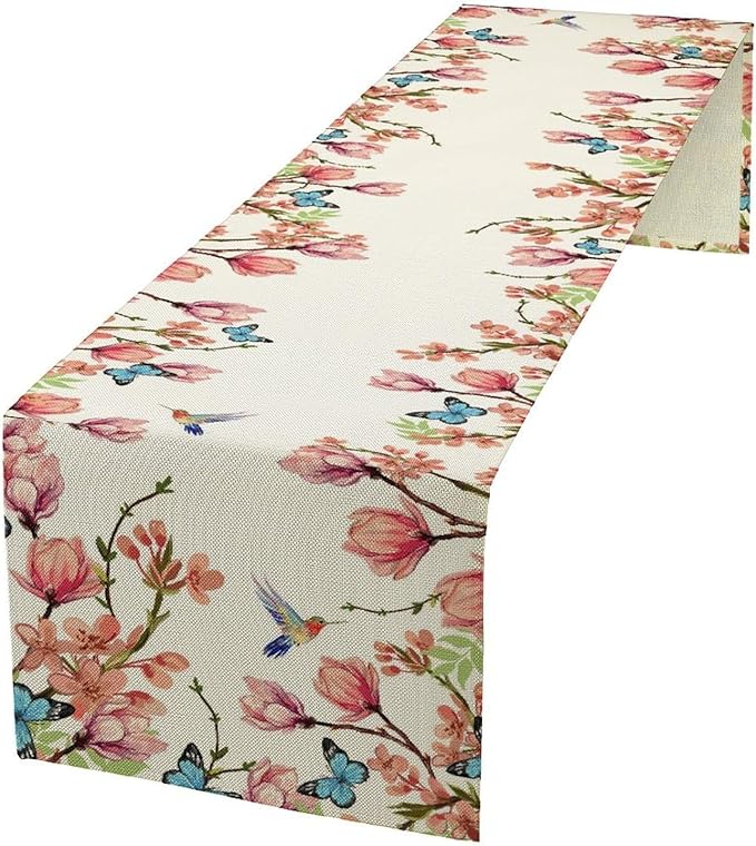 Spring Floral Bird Table Runner, Watercolor Pink Flower Plants Nature Butterfly - Image 2