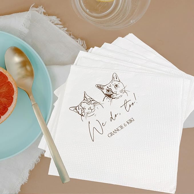 Luxury Personalized Illustrated Cat Wedding Napkins, Personalized Photo Napkins - Image 2