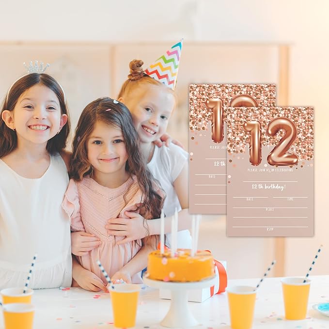 12th Birthday Invitation Cards, Rose Gold Glitter 12th Birthday Party Invites - Image 5