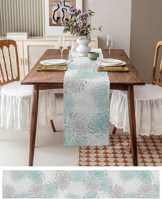 Auqa Chrysanthemum Cotton Linen Table Runner - Image 6