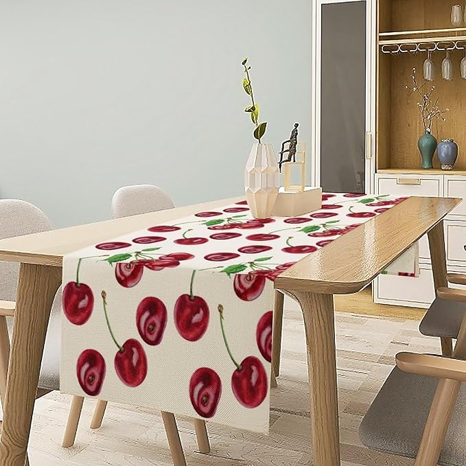 Red Cherry Table Runner Watercolor Tropical Fruit Spring Summer Wild Berry - Image 2