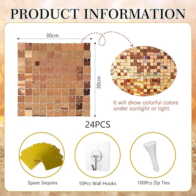 24PCS Champagne Shimmer Wall Backdrop, Laser Square Sequin Photo Backdrops Panel - Image 2