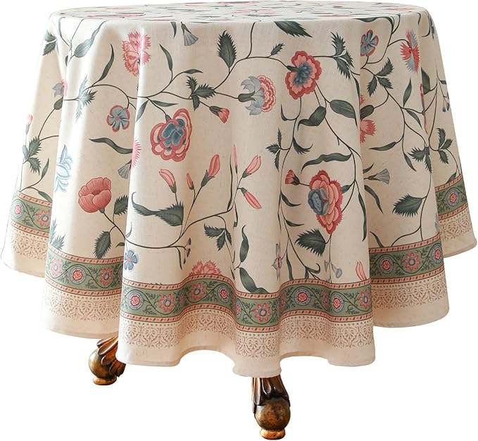ISAENNE Designer Chinoiserie Linen Floral Round Tablecloth, Elegant Decor by Isaennehomedecoration