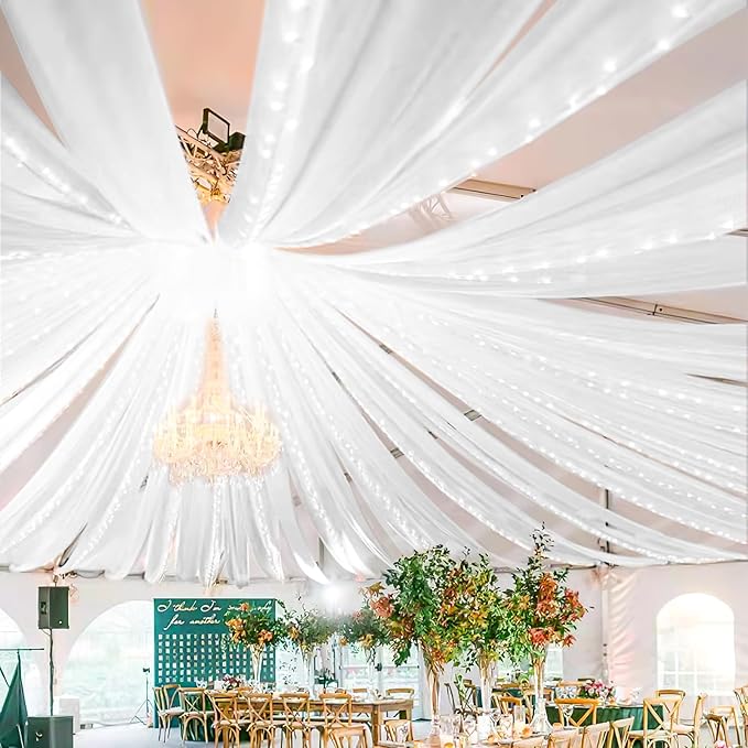 8 Panels White Ceiling Drapes for Wedding 5ftx40ft Sheer Drapery Chiffon Fabric by REWOMC