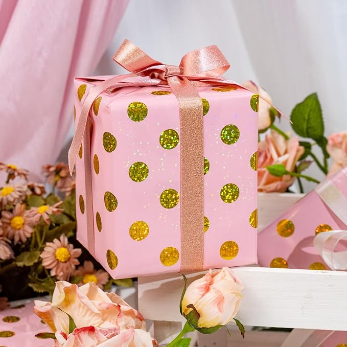 Burymento Pink Holographic Dots Wrapping Paper, Reversible Gold Gift Wrap - Image 4