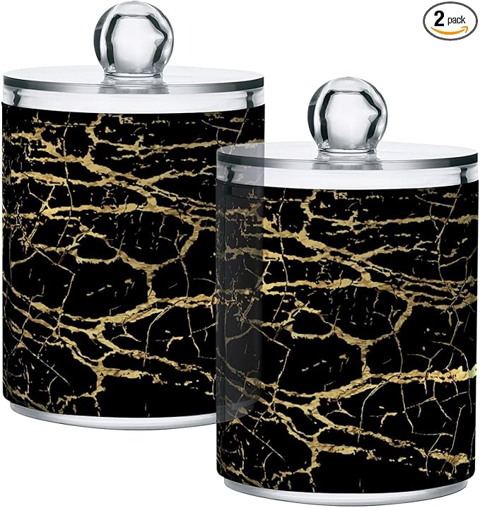 Qtip Holder Dispenser 2 Pack Gold Black Marbling Bathroom Decorative Storage by Gredecor