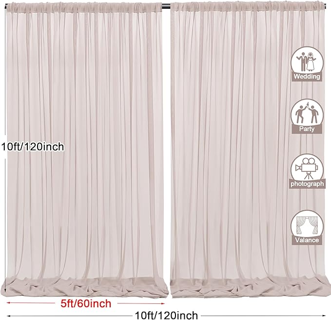 PARTISKY 10ftx10ft Taupe Chiffon Sheer Backdrop Curtains, Wrinkle-Free Wedding - Image 3