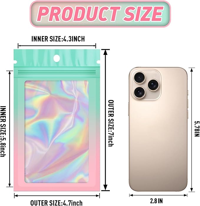 Funfery 100 Pack Gradient Holographic Bags, Mylar Resealable Bags - Image 2