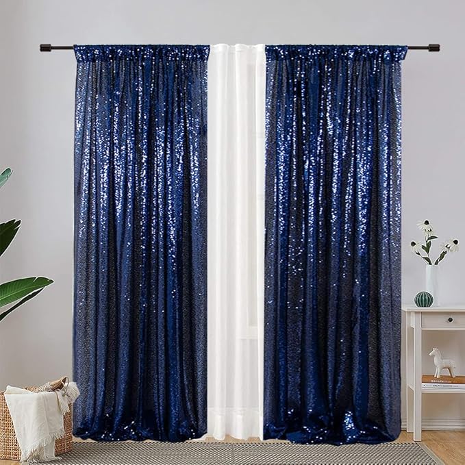 Eternal Beauty Sequin Backdrop Curtains, 2x8 Ft-2 Panels Navy Blue Back Drop - Image 2