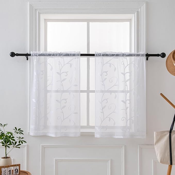 VISIONTEX White Sheer Voile Curtains, Decorative Leaves Embroidery Faux Linen by VISIONTEX