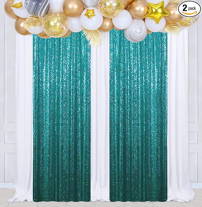 Poise3EHome 2Pcs 2Ft x 8Ft Teal Sequin Backdrop Curtains, Glitter Photography by Poise3EHome