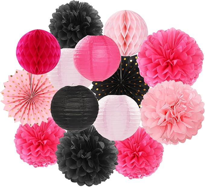 Hot-Pink Black Birthday Party-Decorations Streamers Lanterns by OURUOLA