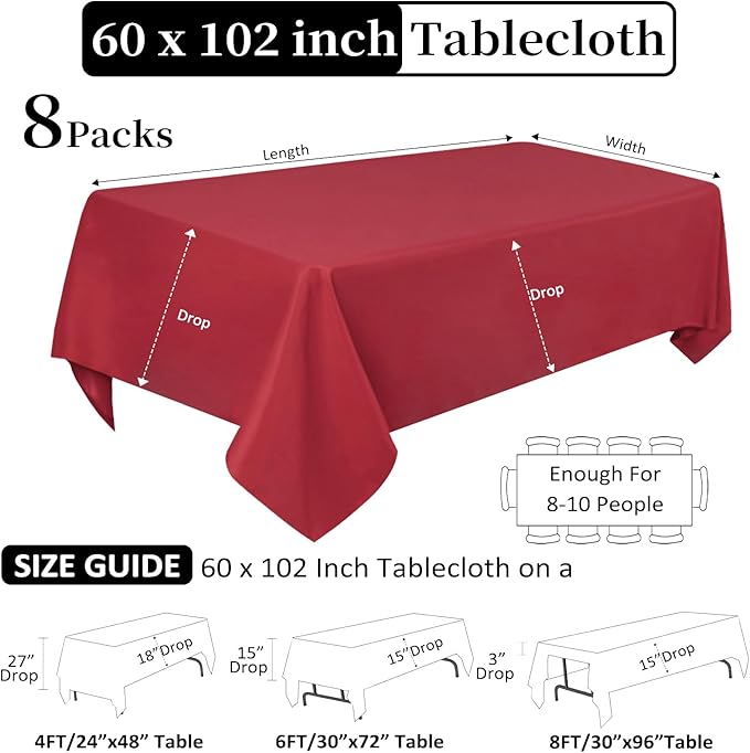 8 Pack Red Tablecloth 60 x 102 Inch Rectangular Tablecloths - Image 2
