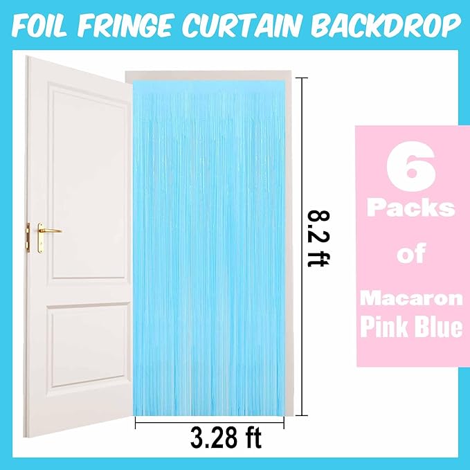 6 Pack Macaron Pink Blue Foil Fringe Curtains Backdrop, 3.28 x 8.2 Ft Metallic - Image 2