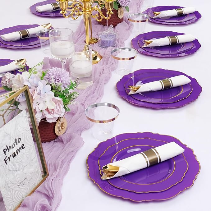 Liacere 350PCS Purple Plastic Plates-Disposable Purple and Gold Plates 50 guest - Image 3