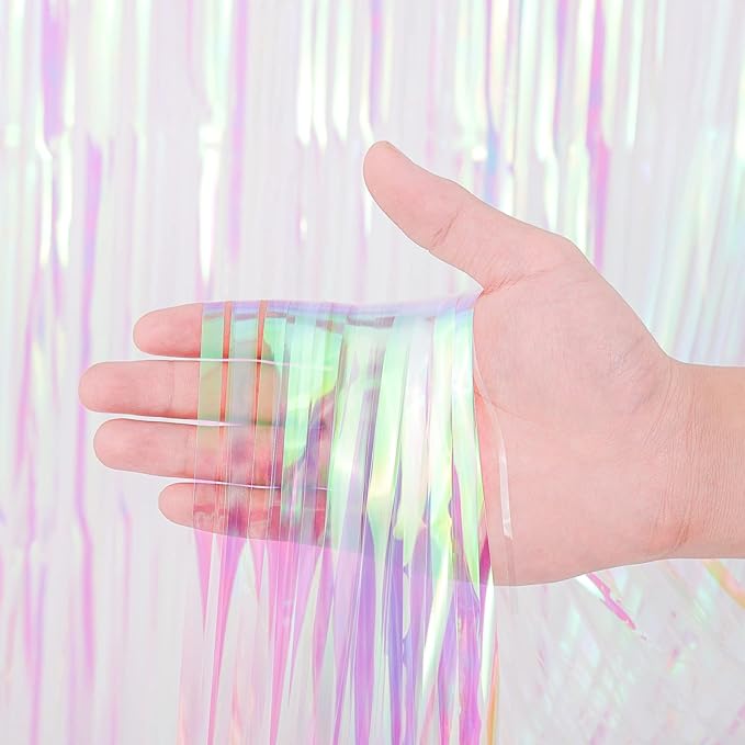 4 Pack Iridescent Transparent Foil Fringe Backdrop Curtains, Tinsel Streamers - Image 2