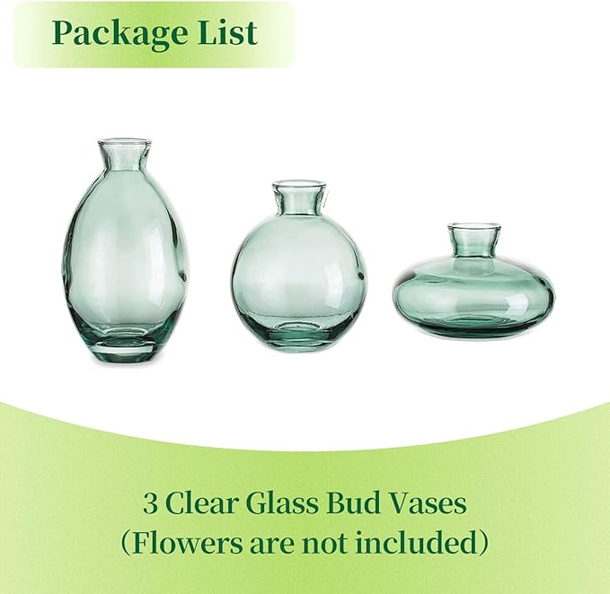 Glass Bud Vases Set of 3, Hewory Cute Green Small Vases Handmade, Mini Glass - Image 6