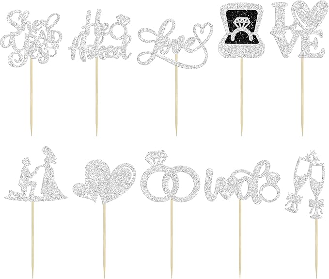 Ephlyn 30Pcs He Asked She Said Yes Cupcake Toppers Glitter Engagement Cupcake - Image 3