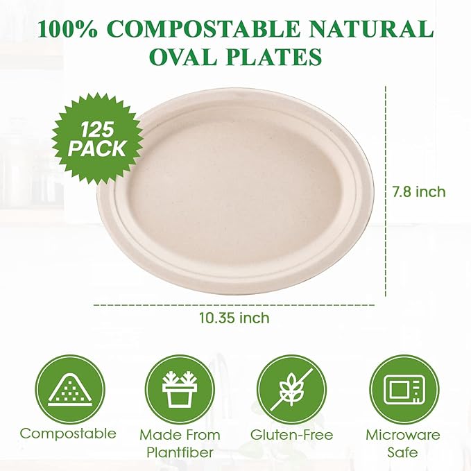 Vplus 100% Compostable Oval Paper Plates 10 inch 125 Pack Super Strong - Image 5