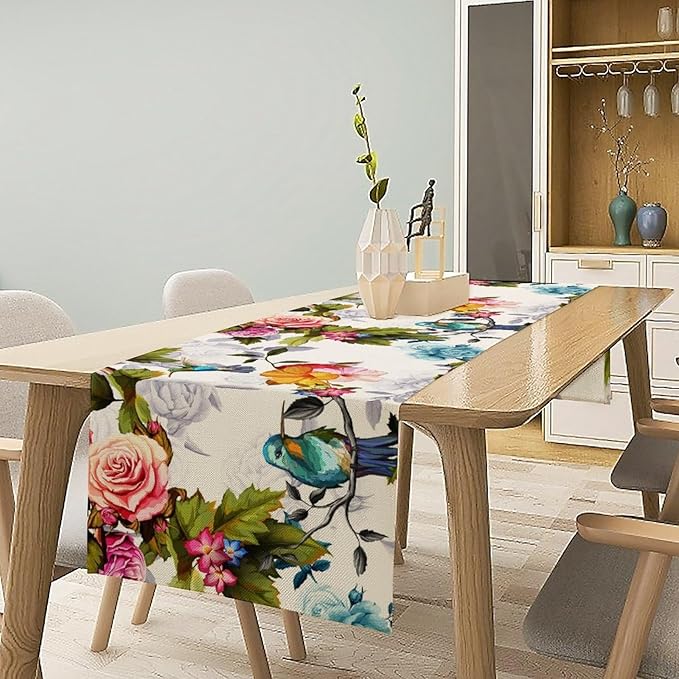 Hummingbird Table Runner, Vintage Floral Country Style Table Cloth Home Kitchen - Image 2