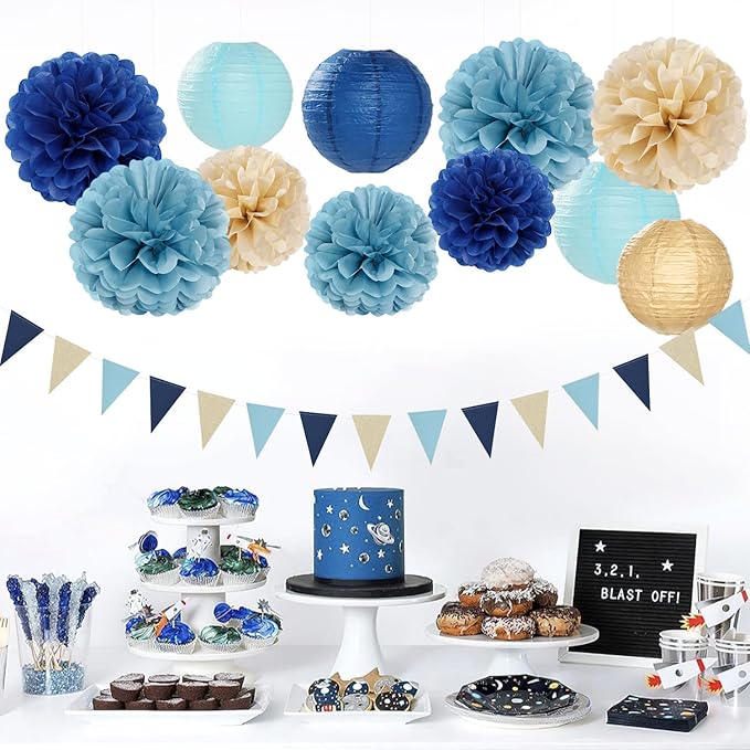 Dusty-Navy Blue Champagne-Gold Paper-Flowers Lanterns - Image 3