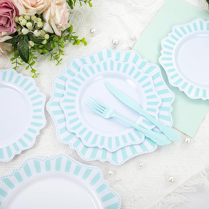 COLOSUS 150pcs Disposable Blue and White Striped Easter Plastic Party Plates - Image 3