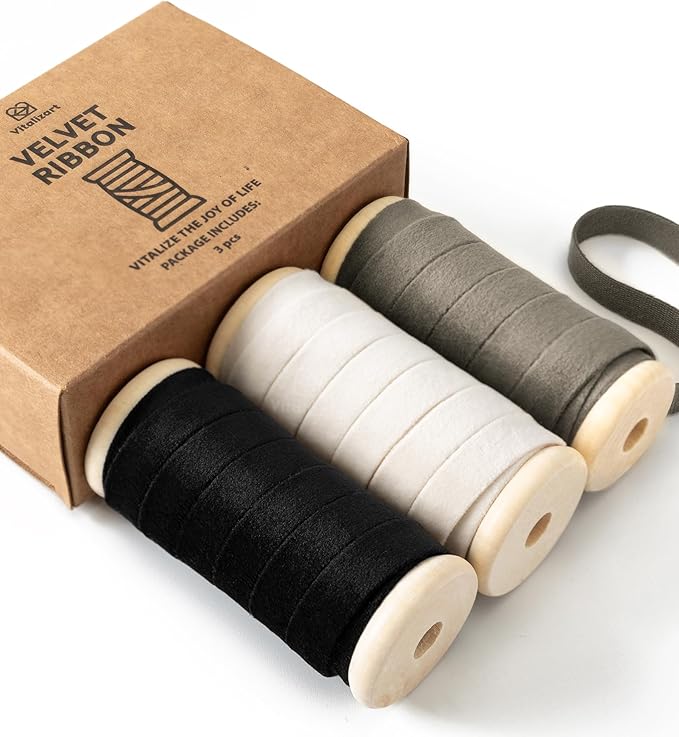 Vitalizart Velvet Ribbon Black White Set 3/8" x 15 Yd Wooden Spool Fabric Trim by Vitalizart