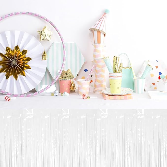 3 Pack 29 x108 Inch Macaron White Foil Fringe Table Skirts Metallic Banner - Image 5