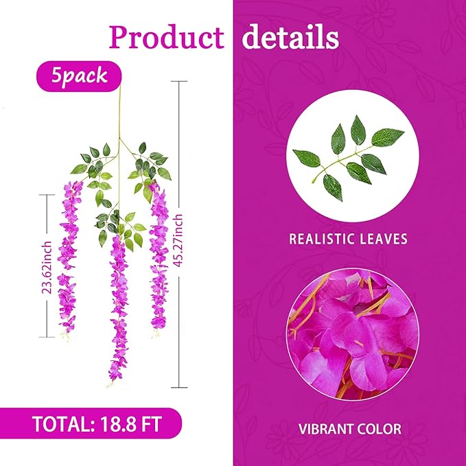 5 Pack Purple Red Wisteria Hanging Flowers Garland, 3.77 Feet Artificial Flower - Image 2