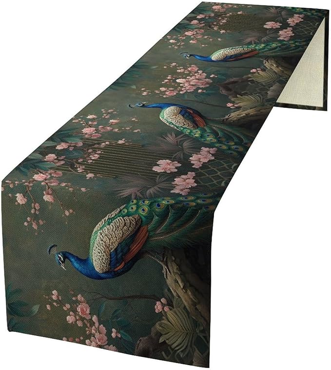 Peacock Table Runner, Vintage Aesthetic Peacock Birds Table Runner by Unknown