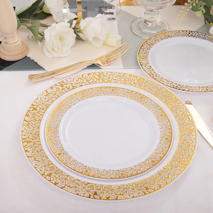 WELLIFE 175 PCS Gold Plastic Plates, Includes: 25 Dinner plates, 25 Salad Plates - Image 7