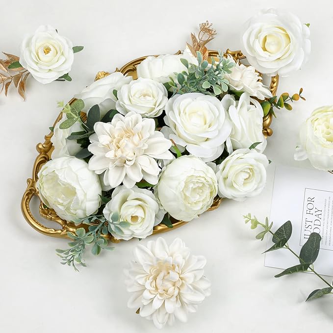 AmyHomie Ivory Artificial Flowers Combo Silk Mix Peony Rose Hydrangea Fake - Image 5
