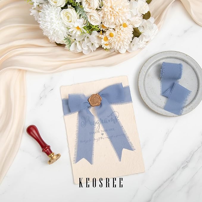 Baby Blue Dusty Blue Handmade Chiffon Ribbon, 1.5" x 21Yd Frayed Silk Ribbons - Image 5