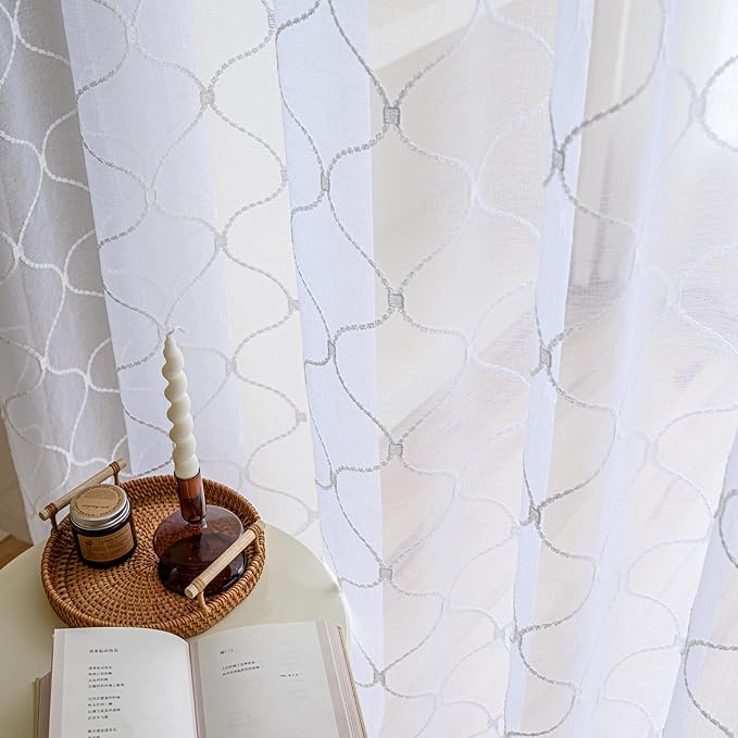 Sheer Curtains White 45 Inches, Wavy Diamond Embroidered Rod Pocket Voile Drapes - Image 4