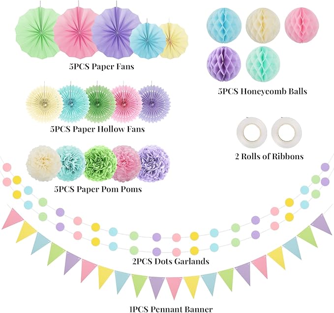 Pastel Party Decorations, Pom Poms Flowers Packs - Image 5