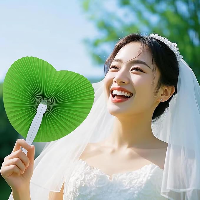 12 Packs Decorative Paper Folding Hand Fans Handheld, Grass Green Heart - Image 3