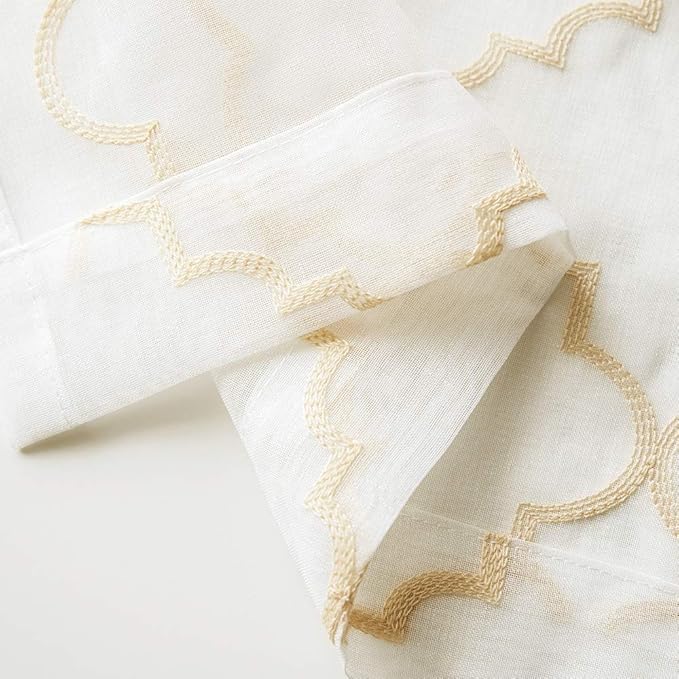 Embroidery Sheer Curtains Gold 45 Inch Length, Rod Pocket Voile Drapes - Image 6