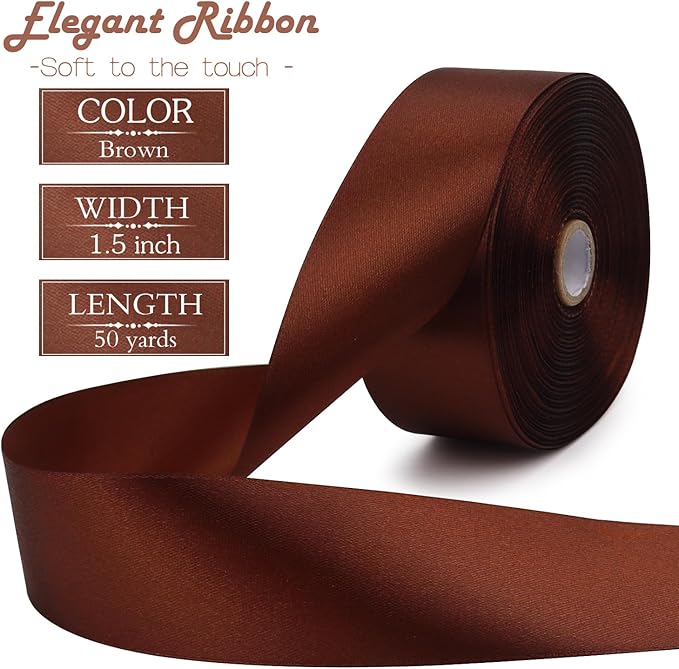 Brown Solid Satin Ribbon 1-1/2 Inch 50 Yards Solid Polyester Fabric Ribbon - Image 2