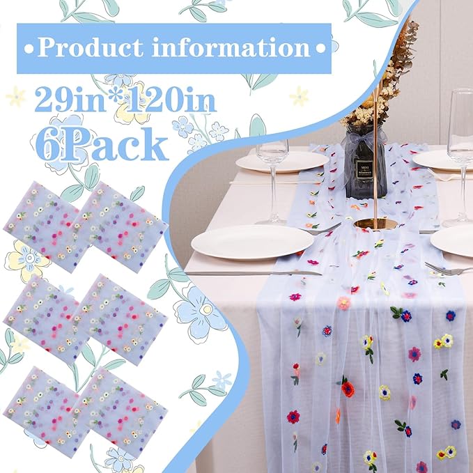 6PCS Blue Floral Table Runner 10 FT, Embroidery Daisy Table Runners Seasonal - Image 2